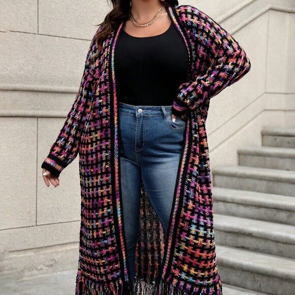 Sweaters - Multicolor Casual Women's Plus Size Long Plaid Mixed Color Fringed Hem Cardigan